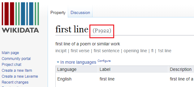 The Wikidata page for the element First Line, with its code, P1922.