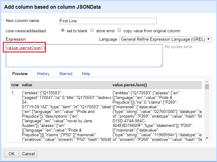 Add new column window, with value.parseJson() expression in the Expression box.The preview pane shows a long string of JSON data/