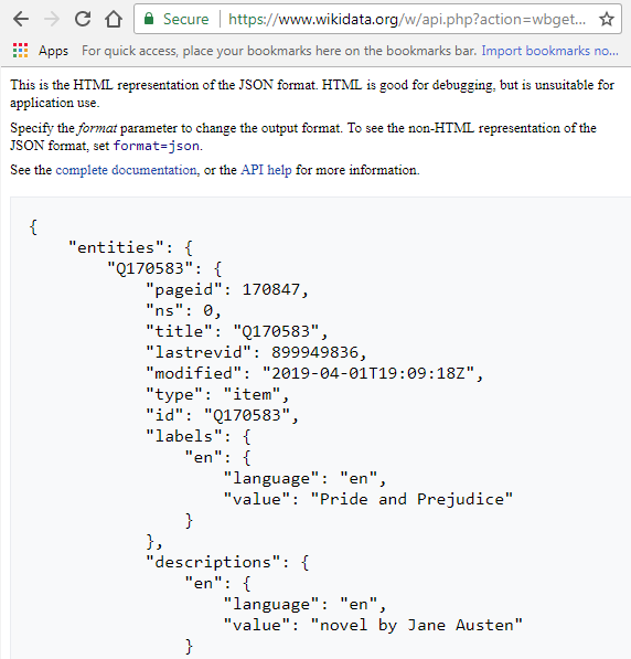The same URL as before, but with fm added after JSON. The result is the same data with HTML formatting, creating whitespace.