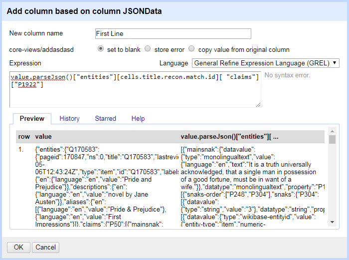 With this further selection, we can now see the novel's first line along with other data.