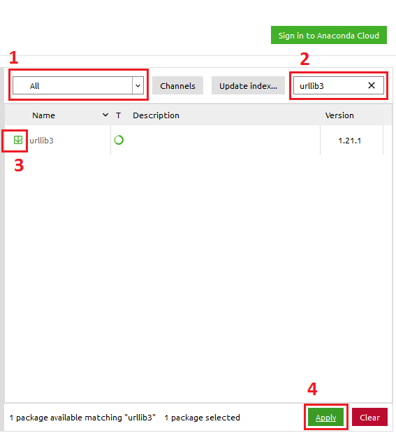 If urllib3 is not installed, 1. change the drop down menu to view all packages (not just installed), 2. search for urllib3, 3. once urllib3 appears as a downloadable library, check it, then 4. click apply.
