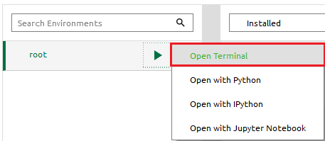 In Anaconda, select Environments, click on the play button next to root, then select Open Terminal.