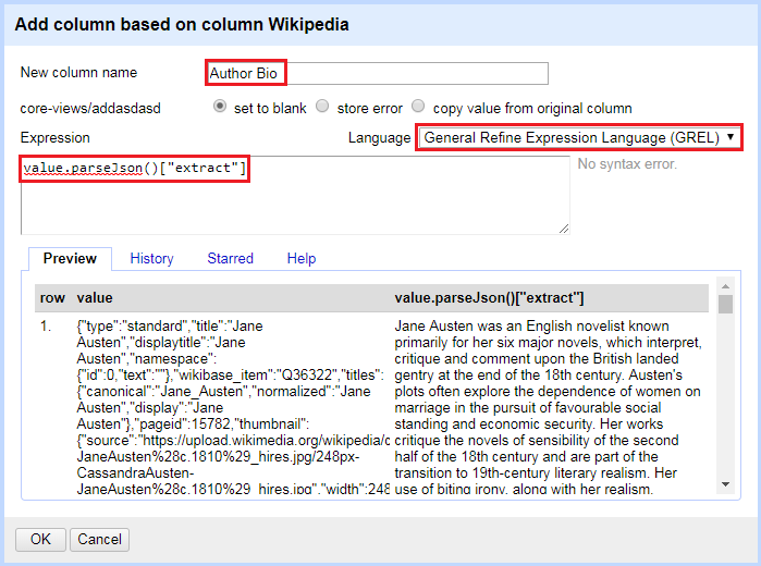 Create a new column, change language back to GREL, write or paste your code, and click OK.