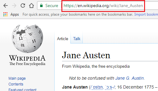 The beginning of the Wikipedia article on Jane Austen, with the URL ending in Jane_Austen