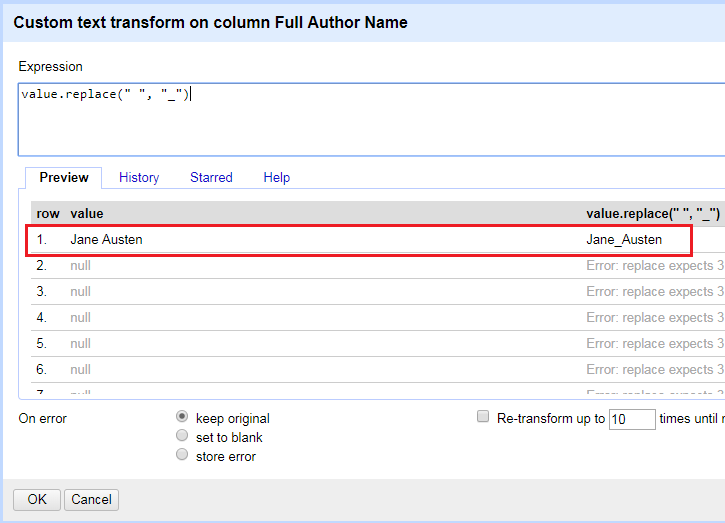 Transformation window, showing Jane Austen in the input and Jane_Austen in the output.