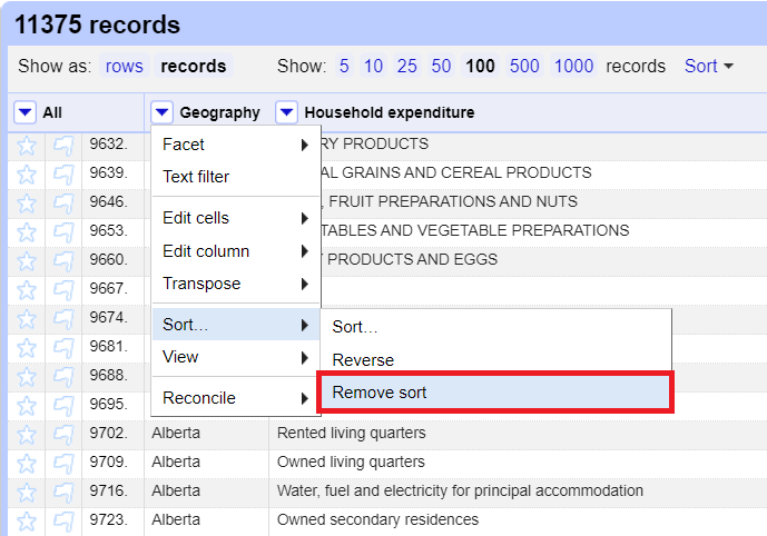 OpenRefine Screenshot: Geography pull down menu, with "Sort" and "Remove Sort" highlighted