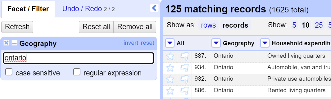 Text facet results showing only Ontario results