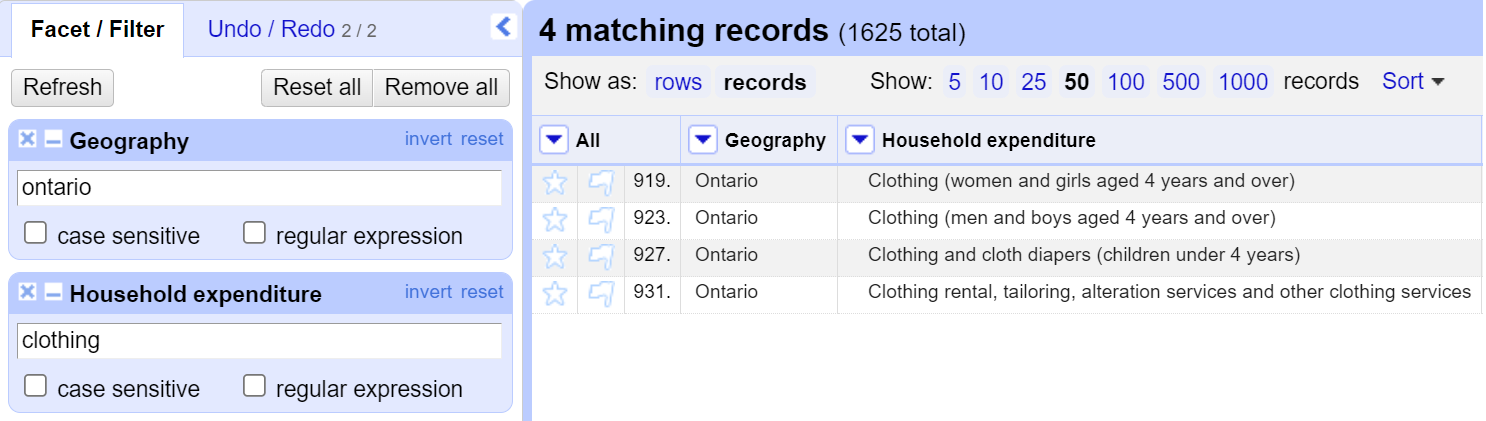 Text facet results showing Ontario Clothing results