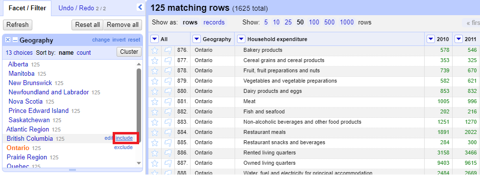 Geography facet highlighting 'include' next to British Columbia 