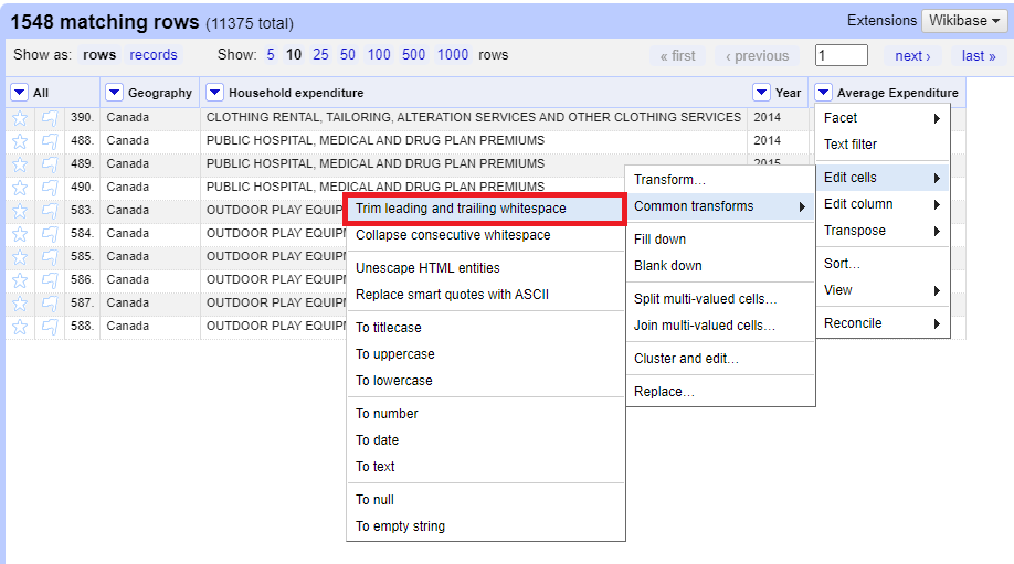 Under average expenditure, edit cells is selected, followed by common transformations and trim leading and trailing whitespace