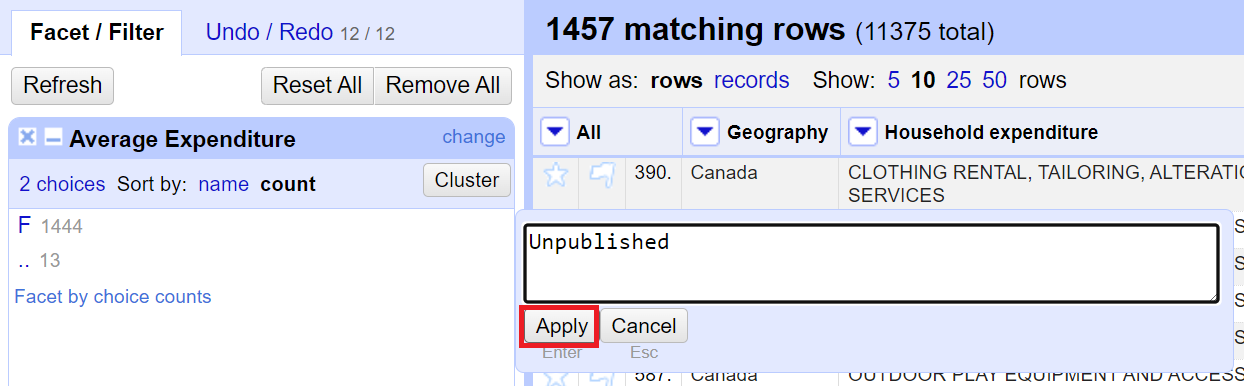 Changing the cells labelled F to Unpublished