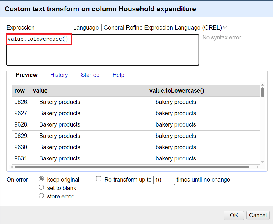 window for transform function with preview displaying all words in lower case