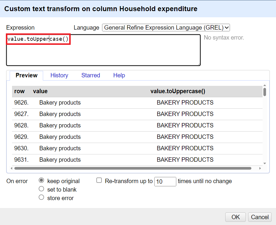 transform window with preview displaying text in all caps