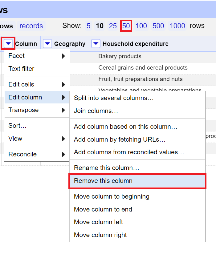 OpenRefine screenshot: Column, Edit Column, Remove this Column