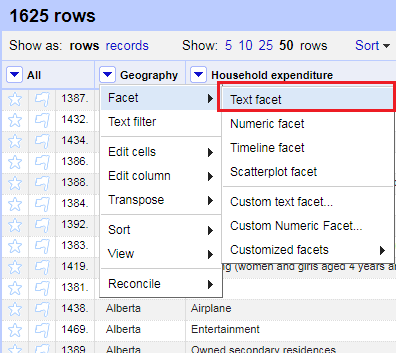 Drop down on Geography, facet, text facet.