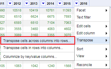 Drop down on 2016 column, Transpose, Transpose cells across columns