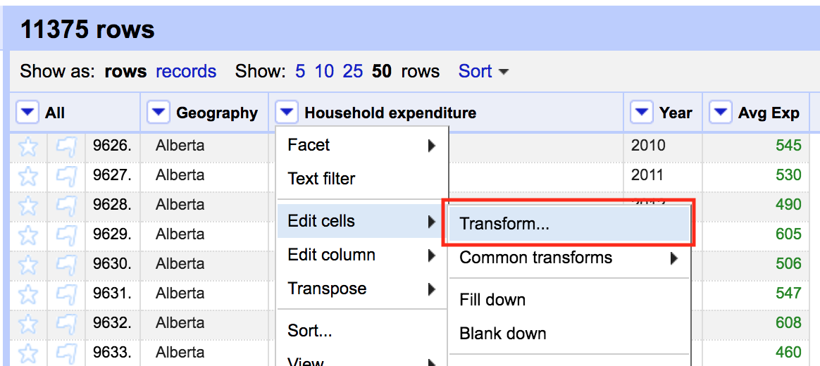 drop down on Household expenditure, edit cells, transform