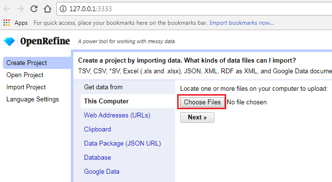 OpenRefine's Create Project menu, with the Choose Files button highlighted.