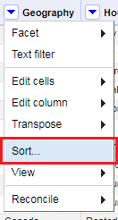 OpenRefine screenshot: drop down on Geogrqaphy, sort