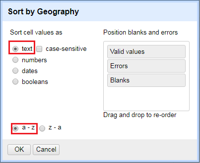 OpenRefine screenshot of Sort by window