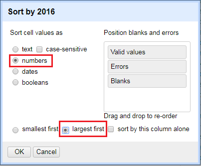 OpenRefine Sort window for numeric data