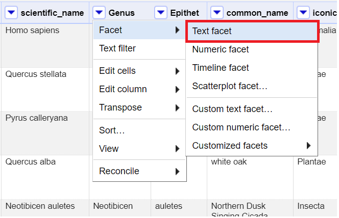 Genus drop down menu is open, highlighting facet and text facet 