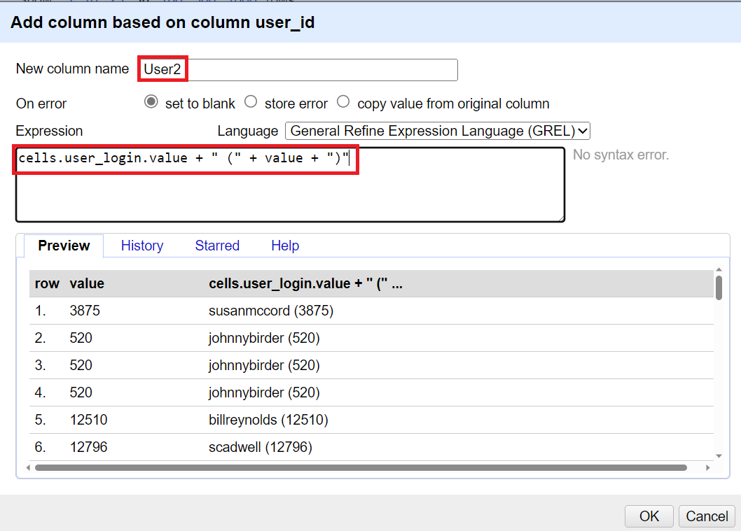 The Add column window.