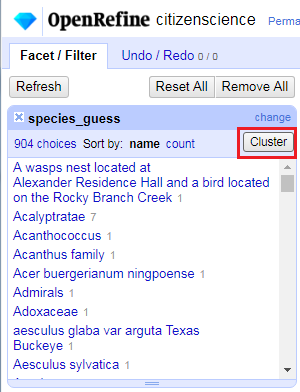 Location of cluster button in text facet window