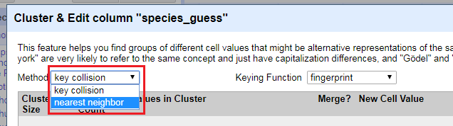 Cluster window: changing Method from "key collision" to "nearest neighbor"