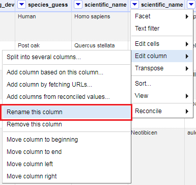 From the newly split scientific_name columns, drop down on the first new column, go to Edit column, then click Rename this column.