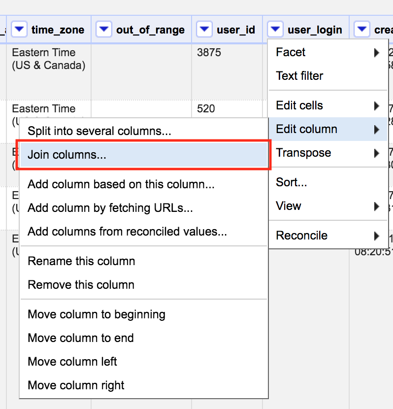 Drop down on user_login, edit column, join columns