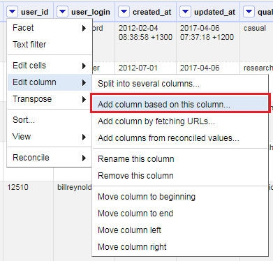 Drop down on user_id, select Edit column, click on Add column based on this column.