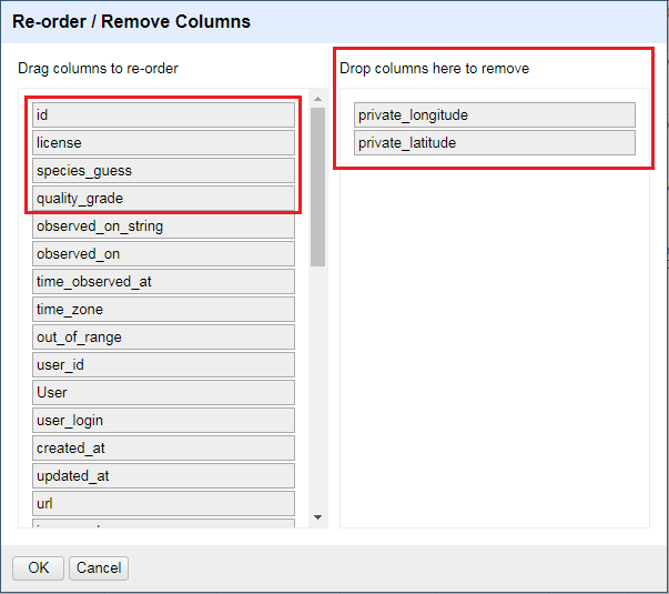 Re-order / remove column window, with re-order box on the left and remove box on the right