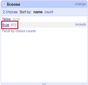 License text facet, highlighting "true"