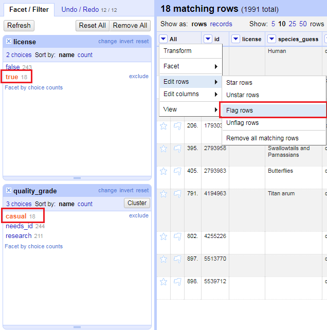 Facet for license is blank (true), quality_grade is casual, and then open the drop down menu for the column All, go to edit rows, and then Flag rows