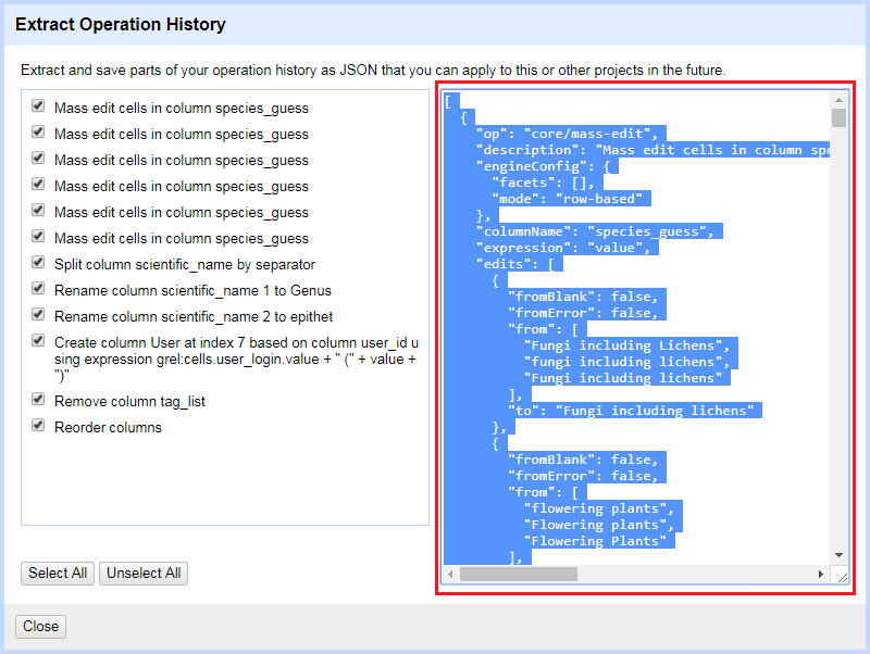 The Extract Operation History window