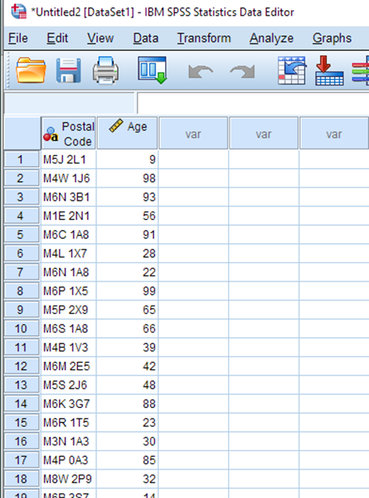 A spreadsheet in SPSS Statistics Data Editor. There are two columns: Postal code; Age