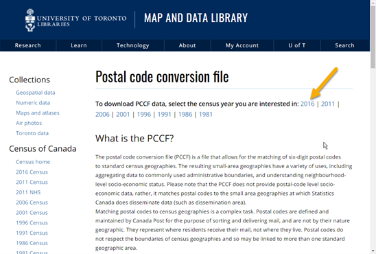 Map and Data Library website page about the Postal code conversion file. Under the title reads To download PCCF data, select the census year you are interested in: 2016; 2011; 2006; 2001; 1996; 1991; 1986; 1981. An arrow points to 2016.
