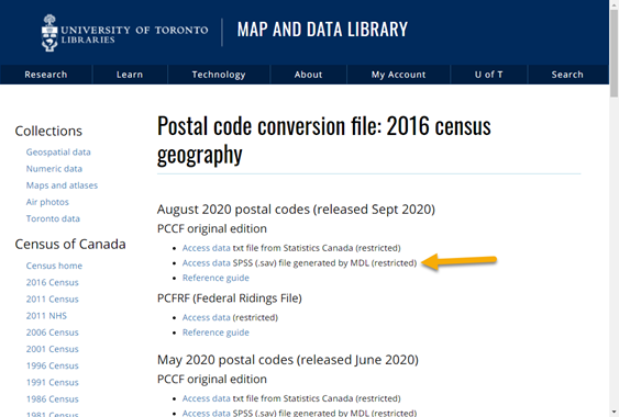 Map and Data Library website page. Title reads: Postal code conversion file: 2016 census geography. Under the subheading PCCF original edition, an arrow points to the line Access data SPSS (.sav) file generated by MDL (restricted). Access data is a hyperlink.
