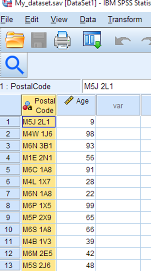 My_dataset.sav is open in SPSS. There are two columns: Postal Code; Age. All items in the Postal Code column are selected.