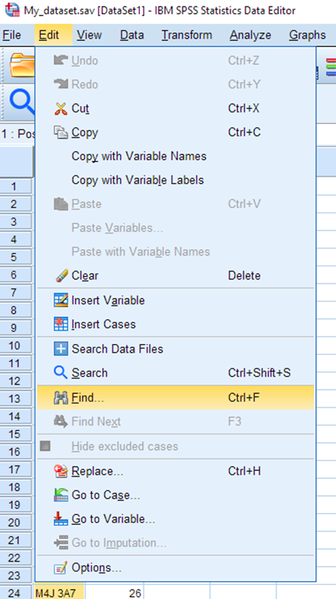 On the toolbar Edit is selected. There is a drop down menu. Find is selected.