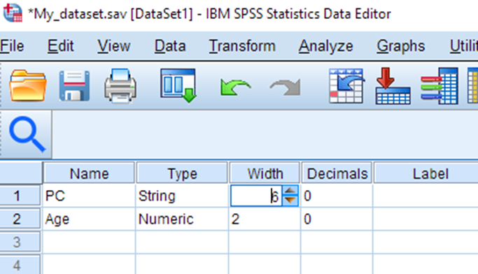 My_dataset.sav is open in SPSS. There are two rows: PC; Age. There are five columns: Name; Type; Width; Decimals; Label. In the PC row, under Width, it reads: 6.