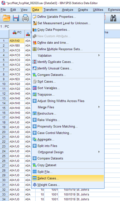 On the toolbar, Data is selected. There is a drop down menu. Select Cases... is selected.