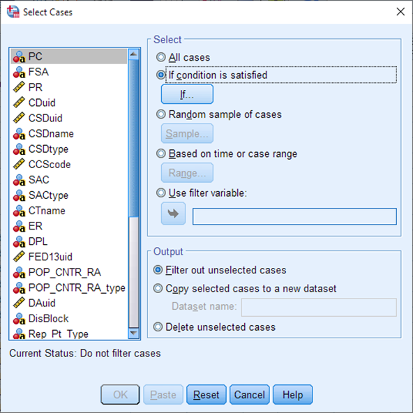 A pop-up titled: Select cases. On the right is a box titled: Select. The option If condition is satisfied is selected. There is a button underneath that reads If...