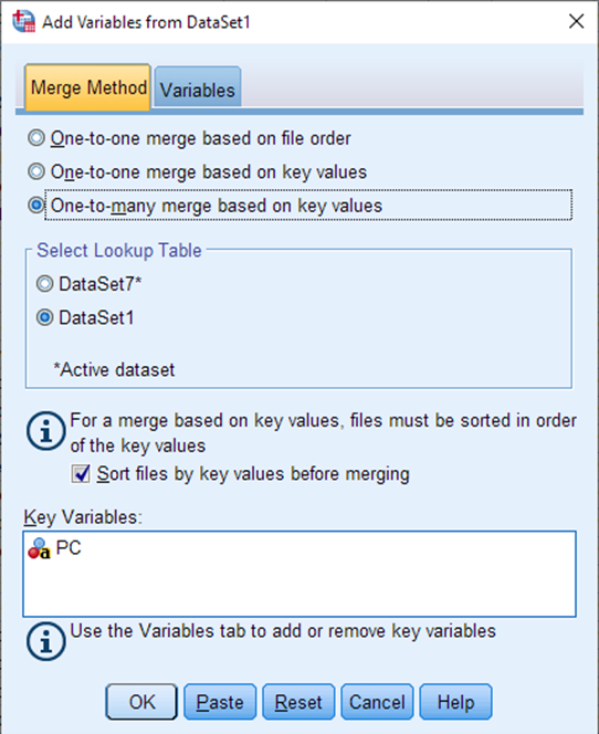 A pop-up titled: Add Variables from Dataset1. The tab Merge Method is selected. Underneath the option One-to-many merge based on key values is selected. Underneath is a box that reads: Select Look-up Table. DataSet1 is selected. Underneath reads: For a merge based on key values, files must be sorted in order of the key values. The option Sort files by key values before merging is selected. Underneath is a box titled: Key Variables. Inside the box the key variable PC is selected.