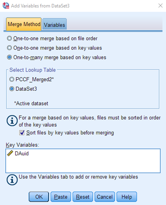 A pop-up titled Add Variables from DataSet3. The tab Merge Method is selected. Underneath, the option One-to-many merge based on key values is selected. Below is a box titled: Select Lookup Table. The option DataSet3 is selected. At the bottom is a box titled: Key variables. In the box is the variable DAuid.