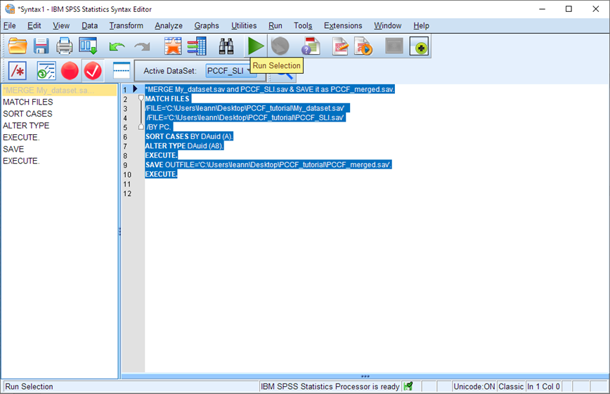 A pop-up titled: Syntax 1 - IBM SPSS Statistics Editor. On the left is a text box. All text is selected. In the toolbar the cursor highlights a green triangle button that will run the selection.