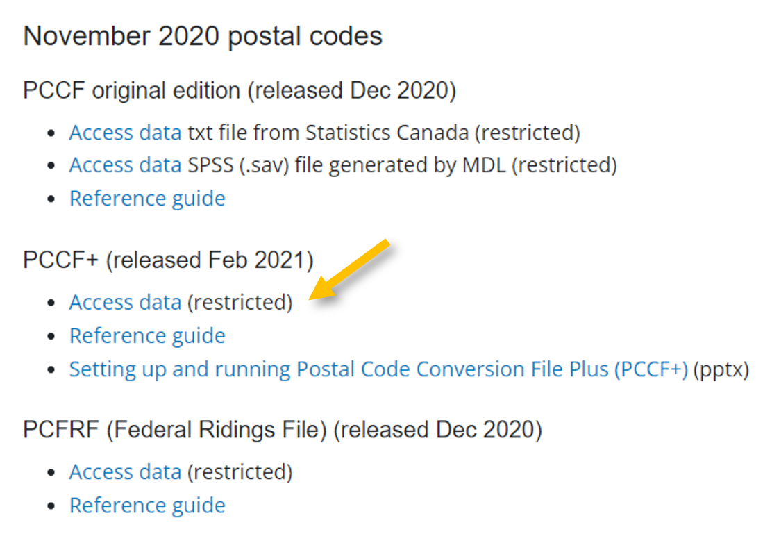Under a section titled: November 2020 postal codes, there are three sections: PCCF original edition (released Dec 2020); PCCF+ (released Feb 2021); PCFRF (Federal Ridings File) (released Dec 2020). Under the PCCF+ section, an arrow points to a hyperlink titled: Access data (restricted) 