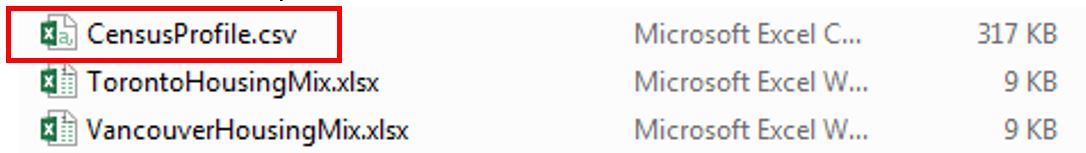 In the workshop files folder, CensusProfile.csv is highlighted.