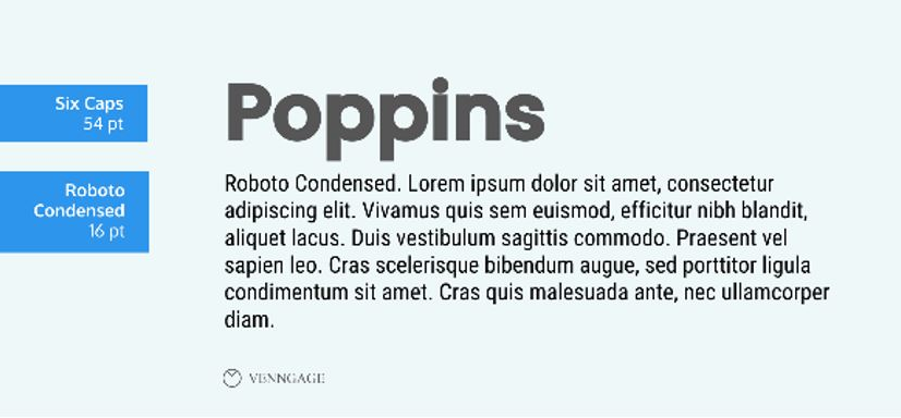 Example showing how the Poppins text font will look at 54 pt and 16 pt.